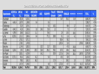CARTERA POR DEPARTAMENTO

             ACCOVI de    AMC de         SAC ASOCIACION                   Finca El FUNDACION
Departamento                                              ASEI FADEMYPE                      FUNSALDE MICRONEGOCIOS   PADECOMSMCREDITO    TOTAL     %
                R.L.        R.L.      INTEGRAL BALSAMO                    Salvador CAMPO
Ahuachapán                   150.30      6,154.1                                         0.47 501.3           0.19                         6,806.39 4.2%
Cabañas         4,461.4     1,657.9      1,188.0      0.4             0.6                                                                  7,308.27 4.5%
Chalatenango                  513.9      3,674.1                      9.3 165.3                   48.4         3.7                         4,414.70 2.7%
Cuscatlán       4,941.5       412.8      1,565.6      2.0 234.3      35.9       2.3                7.2         1.7                         7,203.33 4.4%
La Libertad     4,789.5       269.8     10,612.5     11.1            59.6                 2.9 119.5 100.3                                 15,965.16 9.9%
La Paz         10,559.1     1,511.3      3,869.6      8.4           771.3 389.9           9.1 11.0             4.2                        17,133.92 10.6%
La Unión                    1,792.3      5,071.2                                        920.4 58.2                                         7,842.12 4.8%
Morazán                     1,728.3      1,470.8                                      2,872.4 32.0                          1,976.8        8,080.38 5.0%
Santa Ana                   1,174.9      5,005.5            153.7    33.7 305.0                   47.0 243.8                               6,963.57 4.3%
San Salvador 8,204.1          139.5     21,089.6    205.5 526.9 296.3 958.3 107.0 148.4 966.8                                             32,642.30 20.2%
San Miguel                  3,820.1      4,159.9            141.2             305.9 2,171.6 124.6 282.1                     1,067.8       12,073.08 7.5%
San Vicente 17,571.1          941.4      1,818.2     41.2             9.4                4.91 30.9                                        20,417.09 12.6%
Sonsonate                     780.0      3,601.5     86.3                     171.9       -      360.2         3.8                         5,003.68 3.1%
Usulután                    1,471.9      5,198.3                      4.8       7.7 2,723.0 47.7               8.3            611.5       10,073.26 6.2%
Total         50,526.6    16,364.2     74,479.0    355.0 1,056.1 1,221.1 2,306.2 8,811.7 1,536.4 1,614.8                   3,656.1       161,927.2 100%
 