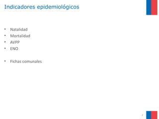 2
Indicadores epidemiológicos
• Natalidad
• Mortalidad
• AVPP
• ENO
• Fichas comunales
 