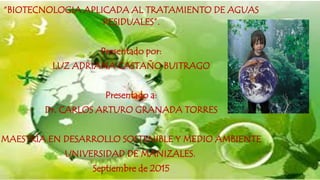 “BIOTECNOLOGIA APLICADA AL TRATAMIENTO DE AGUAS
RESIDUALES”.
Presentado por:
LUZ ADRIANA CASTAÑO BUITRAGO
Presentado a:
Dr. CARLOS ARTURO GRANADA TORRES
MAESTRÍA EN DESARROLLO SOSTENIBLE Y MEDIO AMBIENTE
UNIVERSIDAD DE MANIZALES.
Septiembre de 2015
 