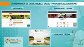 APOYO PARA EL DESARROLLO DE ACTIVIDADES ACADÉMICAS
MICROSITIO UNIVERSIDAD VIRTUAL
PLATAFORMA VIRTUAL
 
