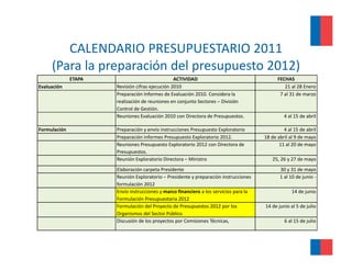 CALENDARIO PRESUPUESTARIO 2011 
        CALENDARIO PRESUPUESTARIO 2011
     (Para la preparación del presupuesto 2012)
              ETAPA                              ACTIVIDAD                                    FECHAS
Evaluación            Revisión cifras ejecución 2010                                             21 al 28 Enero 
                      Preparación Informes de Evaluación 2010. Considera la                    7 al 31 de marzo
                      realización de reuniones en conjunto Sectores – División 
                      Control de Gestión.
                      Reuniones Evaluación 2010 con Directora de Presupuestos.
                                                                        p                        4 al 15 de abril

Formulación           Preparación y envío instrucciones Presupuesto Exploratorio                 4 al 15 de abril
                      Preparación informes Presupuesto Exploratorio 2012.               18 de abril al 9 de mayo
                      Reuniones Presupuesto Exploratorio 2012 con Directora de                 11 al 20 de mayo 
                      Presupuestos.
                      Presupuestos
                      Reunión Exploratorio Directora – Ministro                            25, 26 y 27 de mayo 
                      Elaboración carpeta Presidente                                           30 y 31 de mayo 
                      Reunión Exploratorio – Presidente y preparación instrucciones            1 al 10 de junio ‐
                      formulación 2012
                      Envío instrucciones y marco financiero a los servicios para la                14 de junio 
                      Formulación Presupuestaria 2012
                      Formulación del Proyecto de Presupuestos 2012 por los             14 de junio al 5 de julio
                      Organismos del Sector Público
                      Discusión de los proyectos por Comisiones Técnicas,
                      Discusión de los proyectos por Comisiones Técnicas                         6 al 15 de julio
                                                                                                 6 al 15 de julio
 
