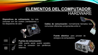 ELEMENTOS DEL COMPUTADOR:
HARDWARE
Cables de comunicación: normalmente llamados bus,
comunican diferentes componentes entre sí.
Fuente eléctrica: para proveer de
energía a la computadora.
Dispositivos de enfriamiento: los más
comunes son los coolers (ventiladores) y
los disipadores de calor.
Puertos de comunicación:
USB, puerto serial, puerto paralelo,
para la conexión con periféricos
externos.
 