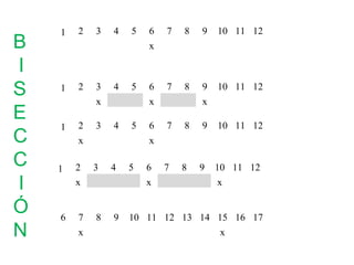 B
I
S
E
C
C
I
Ó
N

1

2

3

4

5

6

7

8

9

10 11 12

7

8

9

10 11 12

x

1

2

3

4

5

x
1

2

3

x
4

5

x
1

2

7
x

6

x
7

8

9

10 11 12

7

8

9

10 11 12

x
3

4

x
6

6

5

6
x

8

9

x

10 11 12 13 14 15 16 17
x

 