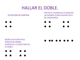 HALLAR EL DOBLE.
SITUACIÓN DE PARTIDA

PON EN EL CUADRO DE LA DERECHA
LAS MISMAS FICHAS QUEHAY EN EL
DE LAIZQUIERDA.

● ●
● ●

● ●
● ●

REÚNE LAS FICHAS EN EL
ESPACIO DE ARRIBA.
CUÉNTALAS. EL RESULTADO ES
EL DOBLE.

● ●● ● ● ● ● ●

● ●
● ●

● ●
● ●

● ●
● ●

 