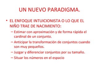 UN NUEVO PARADIGMA.
• EL ENFOQUE INTUICIONISTA O LO QUE EL
NIÑO TRAE DE NACIMIENTO:
– Estimar con aproximación y de forma rápida el
cardinal de un conjunto.
– Anticipar la transformación de conjuntos cuando
son muy pequeños.
– Juzgar y diferenciar conjuntos por su tamaño.
– Situar los números en el espacio

 