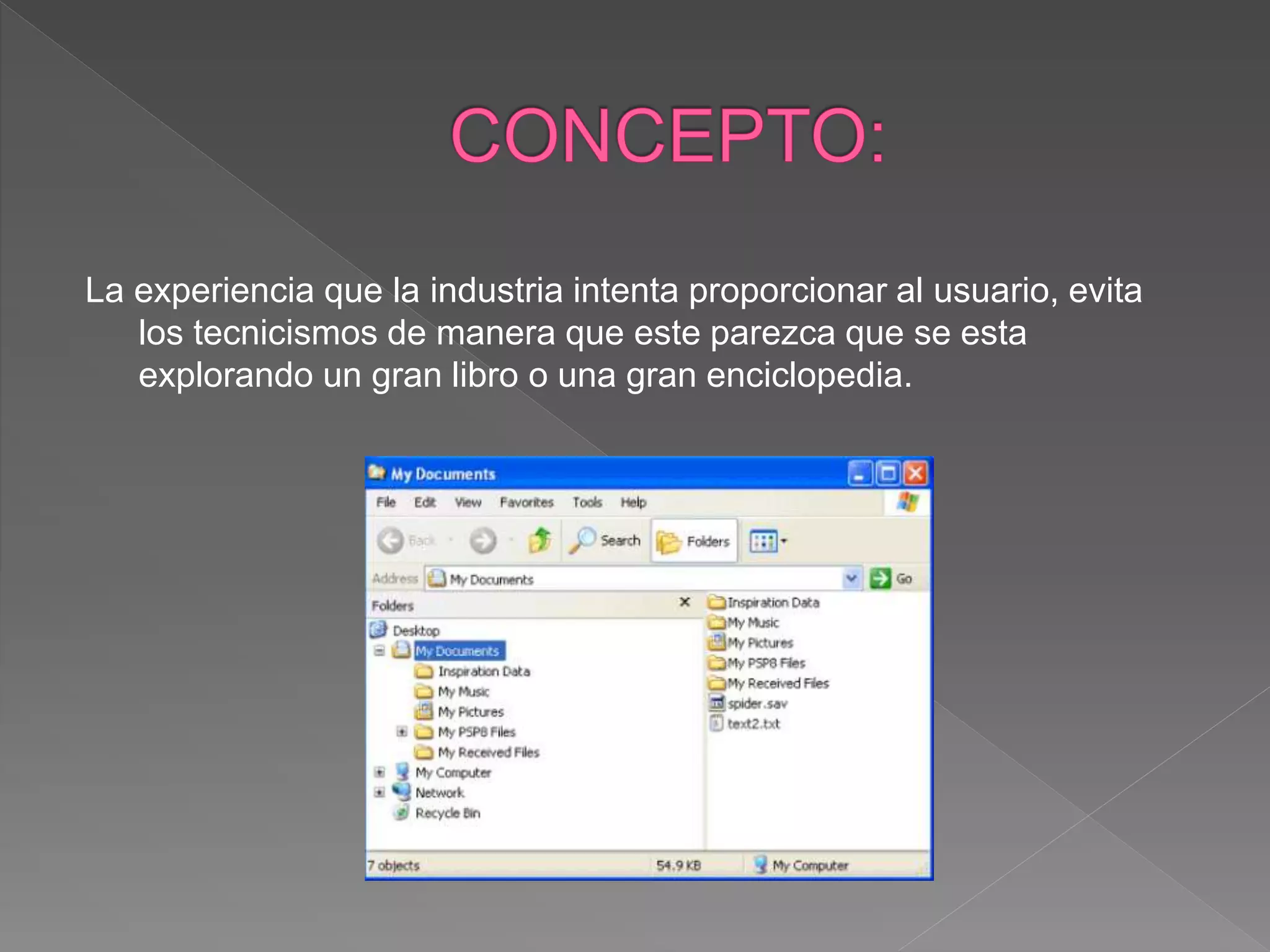 La experiencia que la industria intenta proporcionar al usuario, evita
los tecnicismos de manera que este parezca que se esta
explorando un gran libro o una gran enciclopedia.
 