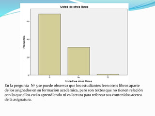 En la pregunta Nª 5 se puede observar que los estudiantes leen otros libros aparte
de los asignados en su formación académica, pero son textos que no tienen relación
con lo que ellos están aprendiendo ni es lectura para reforzar sus contenidos acerca
de la asignatura.
 
