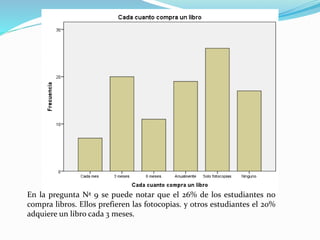 En la pregunta Nª 9 se puede notar que el 26% de los estudiantes no
compra libros. Ellos prefieren las fotocopias. y otros estudiantes el 20%
adquiere un libro cada 3 meses.
 