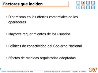 Factores que inciden Dinamismo en las ofertas comerciales de los operadores Mayores requerimientos de los usuarios Políticas de conectividad del Gobierno Nacional Efectos de medidas regulatorias adoptadas  3 4 1 6 7 8 5 2 