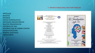 11 REVISTA PUBLICADAS, DOS POR PUBLICAR
ARTÍCULOS
ENSAYOS
ESTUDIOS
NOTAS INVESTIGATIVAS
ENFOQUES GEOHISTORICOS
RELATOS PEDAGÓGICOS
HISTORIAS DE VIDA
HISTORIAS QUE SE PUEDEN CONTAR
SISTEMATIZACIONES
RESEÑAS ANOTADAS
MISCELÁNEOS
 