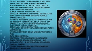 ESCUELA KONUKO PUEBLO EN EL TUNEL DIEZ
HACIA UNA CULTURA AGRO ALIMENTARIA
SUSTENTABLE CON CENTRO DE ACOPIO DE
SEMILLAS SEMILLERO POR LA VIDA MAESTRO
PUEBLO MIGUEL VASQUEZ
SOMOS KARIVES EN LAGUNETICA
MUSEO INTINERANTE SAN PEDRO DE LOS ALTOS
SEMILLERO TEREPAIMA MAESTRO PUEBLO
SAMUEL HIDALGO
VITRINAS AGROECOLOGICAS FORMATIVAS PNF
DE MEDICINA VETERINARIA EN LA UNESR- ETA
CARRIZAL-LAGUNETA DE MONTAÑA HACIA LA
SOBERANIA AGROALIMENTARIA
PROYECTOS SOCIOINTEGRADORES EN LOS ALTOS
MIRANDINOS
VITRINA CIENTIFICA EN LA UNESR (PROYECTOS
PNF)
RUTA GEOHISTORICA
EDITORIAL PRODUCCIONES EDICIIT UNESR
CINCO FERIAS SOCIOPRODUCTIVAS DE
AUTOGESTIÓN E INTEGRACIÓN DE LA GRAN
FAMILIA UNESR
FERIAS SEMANALES DE AUTOGESTIÓN POR
SERVICIO COMUNITARIO
 