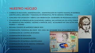 NUESTRO NÚCLEO
• CARRERAS DE EDUCACIÓN, ADMINISTRACCIÓN, ADMINISTRACCIÓN EN TALENTO HUMANO, EN EMPRESAS
AGROPECUARIAS, MERCADEO Y PUBLICIDAD, EN INFORMÁTICA, PNF EN MEDICINA VETERINARIA
• CONCURSO POR OPOSICIÓN Y MÉRITO CON PRESENTACIÓN DE REDISEÑO DE PROGRAMAS HASTA EL 2021
• COMUNIDADES DE APRENDIZAJES EN GUAICAIPURO, CARRIZAL, SAN ANTONIO DE LOS ALTOS, COMUNIDADES
DE APRENDIZAJE PARA INGRESO/ ASCENSO A PARTIR DEL 2022, ACTUALMENTE HAY UNA ACTIVA PARA
INGRESO Y ASCENSO
• SEGUNDA COHORTE DE MAESTROS PUEBLOS 2025
• COORDINACIÓN FUNCIONAL DEL CDCHT 2021-2025- DEL NOVIEMBRE 2025 ACTUALMENTE 2026
• COORDINACIÓN DE CONTROL DE ESTUDIOS
• COORDINACIÓN DE EDUCACIÓN
• COORDINACIÓN DE ADMINISTRACCIÓN
• COORDINACIÓN DE EMPRESAS AGROPECUARIAS
• COORDINACIÓN DEL PNF EN MEDICINA VETERINARIA
• COORDINACIÓNDE PASANTIAS
• COORDINACIÓN DE TECNOLOGÍA
 