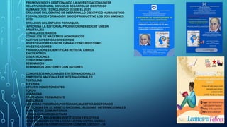 PROMOVIENDO Y GESTIONANDO LA INVESTIGACIÓN UNESR
REACTIVACIÓN DEL CONSEJO DESARROLLO CIENTIFICO
HUMANISTICO TECNOLOGICO DESDE EL 2021
CREACION DEL CENTRO DE DESARROLLO CIENTIFICO HUMANISTICO
TECNOLOGICO FORMACIÓN SOCIO PRODUCTIVO LOS DOS SIMONES
2023
CREACIÓN DEL ESPACIO TOPARQUIA
APADRINA LA EDITORIAL PRODUCCIONES EDICIIT UNESR
ARBITRAJES
CONSEJO DE SABIOS
CONSEJOS DE MAESTROS HONORIFICOS
NUEVOS INVESTIGADORES ORCID
INVESTIGADORES UNESR GANAN CONCURSO COMO
INVESTIGADORES
PRODUCCIONES CIENTIFICAS REVISTA, LIBROS
ENCUENTROS
DISERTACIONES
CONVERSATORIOS
SEMINARIOS
SEMINARIOS DOCTORES CON AUTORES
CONGRESOS NACIONALES E INTERNACIONALES
SIMPOSIOS NACIONALES E INTERNACIONALES
TERTULIAS
6 FERIAS
3 FILVEN COMO PONENTES
FOROS
JORNADAS
FORMACION PERMANENTE
ASESORIAS
DEFENSAS PREGRADO,POSTGRADO,MAESTRIA,DOCTORADO
REVELADAS EN EL AMBITO NACIONAL, ALGUNAS INTERNACIONALES
PROYECTOS COMUNITARIOS
FERIAS SOCIOPRODUCTIVAS
PASANTIAS EN LA MSMA INSTITUCIÓN Y EN OTRAS
COORDINACIÓN ENTRE LINEAS LIEPAS, LIEPSE, LIDEAS
DOS LINEAS EN CONSTRUCCION LIUNESR, LIEDICIT – IA
 