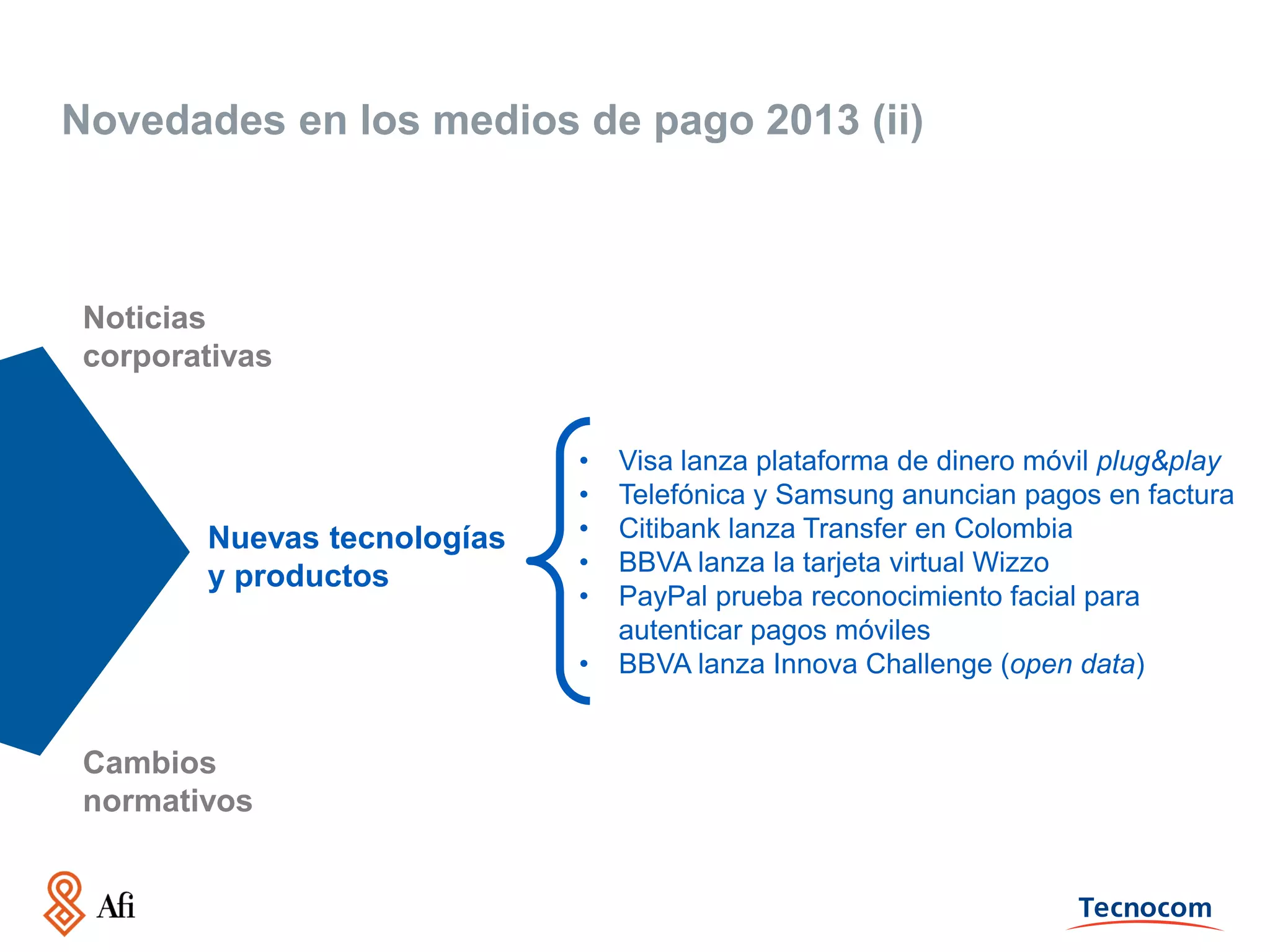 Novedades en los medios de pago 2013 (ii)

Noticias
corporativas

Nuevas tecnologías
y productos

•
•
•
•
•
•

Cambios
normativos

Visa lanza plataforma de dinero móvil plug&play
Telefónica y Samsung anuncian pagos en factura
Citibank lanza Transfer en Colombia
BBVA lanza la tarjeta virtual Wizzo
PayPal prueba reconocimiento facial para
autenticar pagos móviles
BBVA lanza Innova Challenge (open data)

 