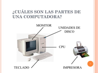 ¿CUÁLES SON LAS PARTES DE UNA COMPUTADORA? IMPRESORA TECLADO MONITOR UNIDADES DE DISCO CPU 