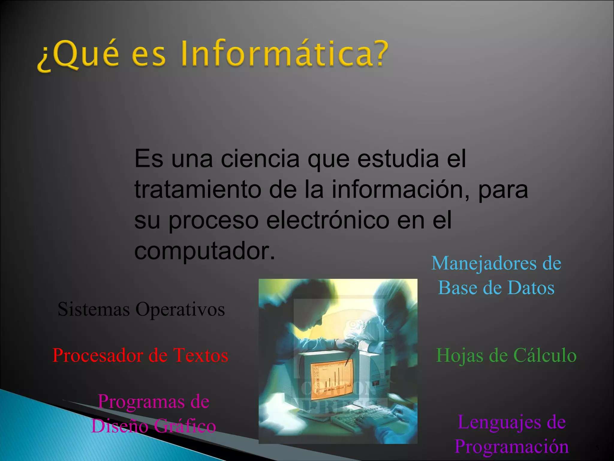 Es una ciencia que estudia el tratamiento de la información, para su proceso electrónico en el computador.   Sistemas Operativos Procesador de Textos Hojas de Cálculo Manejadores de Base de Datos Lenguajes de Programación Programas de Diseño Gráfico 