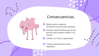 Miedo, pánico, angustia
consecuencia de los actos violentos.
Consecuencias.
Heridas y lesiones físicas que, en los
peores casos, pueden conducir a la
muerte.
Enfado, ira, rencor y agresividad.
Tristeza, desmotivación vital y
depresión.
01
02
03
04
 