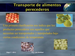 Una primera clasificación nos indica que los  productos perecederos son aquellos que  necesitan ser transportados y manipulados bajo  ciertas condiciones de temperatura Mayo 7, 2010 Ing. Luis Schillaci 