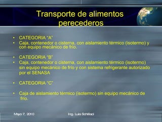 Transporte de alimentos  perecederos CATEGORIA “A” Caja, contenedor o cisterna, con aislamiento térmico (isotermo) y con equipo mecánico de frío. CATEGORIA “B” Caja, contenedor o cisterna, con aislamiento térmico (isotermo)  sin equipo mecánico de frío y con sistema refrigerante autorizado  por el SENASA CATEGORIA “C”  Caja de aislamiento térmico (isotermo) sin equipo mecánico de frío. Mayo 7, 2010 Ing. Luis Schillaci 