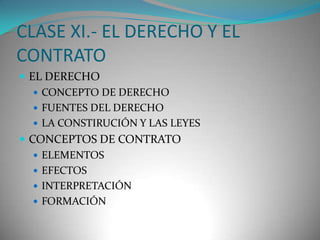 CLASE XI.- EL DERECHO Y EL
CONTRATO
 EL DERECHO
 CONCEPTO DE DERECHO
 FUENTES DEL DERECHO
 LA CONSTIRUCIÓN Y LAS LEYES
 CONCEPTOS DE CONTRATO
 ELEMENTOS
 EFECTOS
 INTERPRETACIÓN
 FORMACIÓN

 