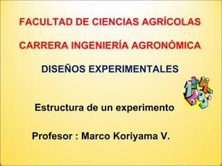FACULTAD DE CIENCIAS AGRÍCOLAS
CARRERA INGENIERÍA AGRONÓMICA
DISEÑOS EXPERIMENTALES
Estructura de un experimento
Profesor : Marco Koriyama V.
 