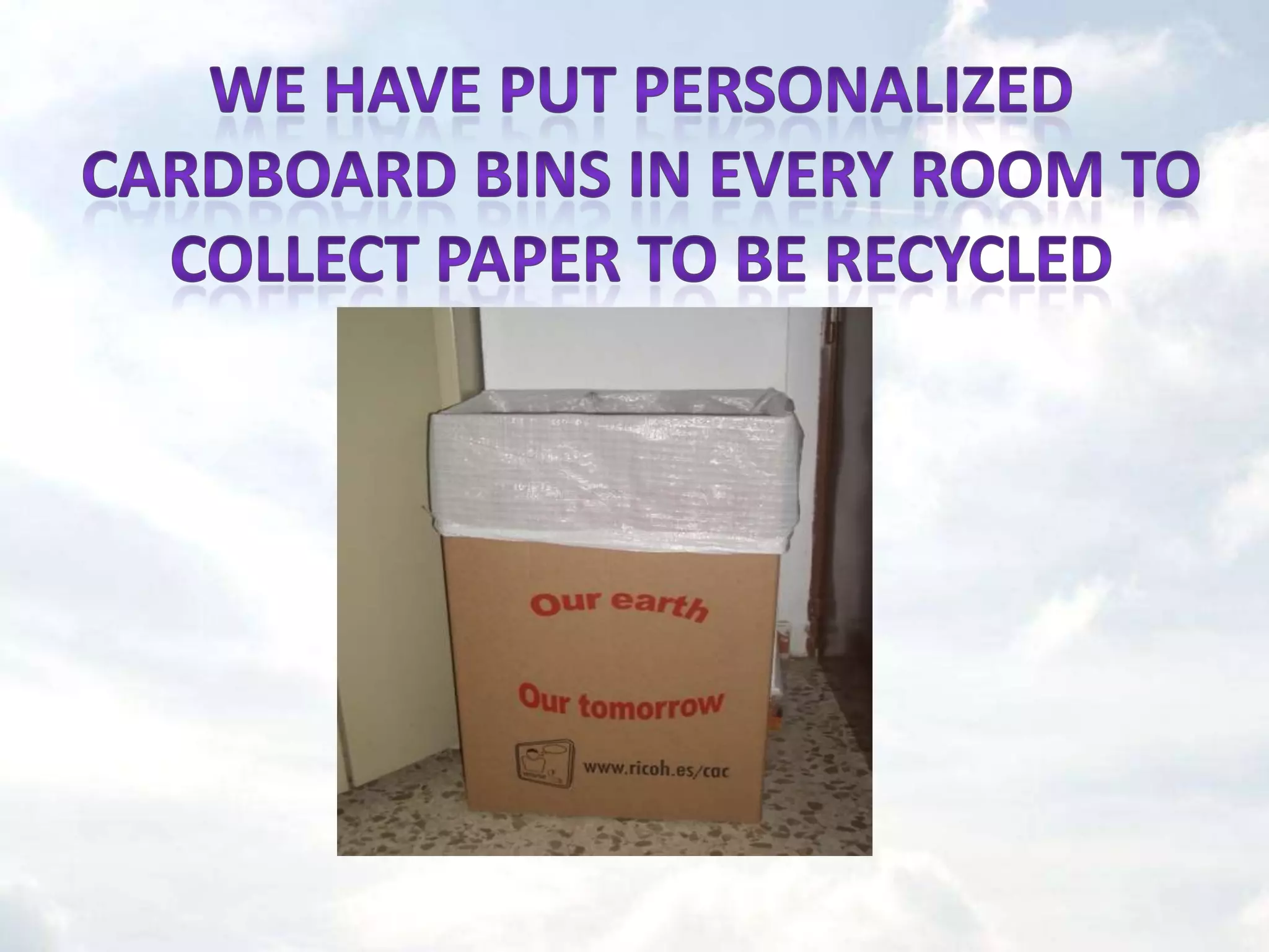 We have put personalized cardboard bins in every room to collect paper to be recycled