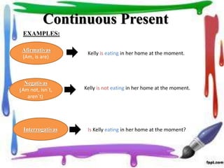 Afirmativas
(Am, is are)
Negativas
(Am not, isn´t,
aren´t)
Interrogativas
EXAMPLES:
Continuous Present
Kelly is eating in her home at the moment.
Kelly is not eating in her home at the moment.
Is Kelly eating in her home at the moment?
 