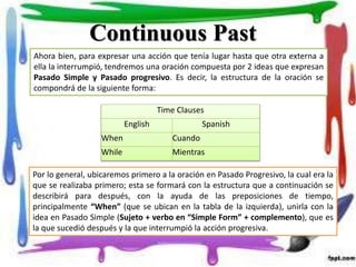 Ahora bien, para expresar una acción que tenía lugar hasta que otra externa a
ella la interrumpió, tendremos una oración compuesta por 2 ideas que expresan
Pasado Simple y Pasado progresivo. Es decir, la estructura de la oración se
compondrá de la siguiente forma:
Continuous Past
Time Clauses
English Spanish
When Cuando
While Mientras
Por lo general, ubicaremos primero a la oración en Pasado Progresivo, la cual era la
que se realizaba primero; esta se formará con la estructura que a continuación se
describirá para después, con la ayuda de las preposiciones de tiempo,
principalmente “When” (que se ubican en la tabla de la izquierda), unirla con la
idea en Pasado Simple (Sujeto + verbo en “Simple Form” + complemento), que es
la que sucedió después y la que interrumpió la acción progresiva.
 