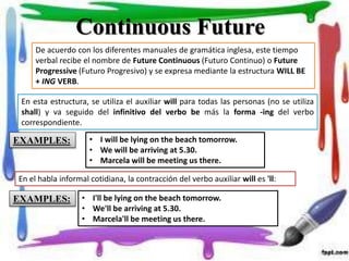 Continuous Future
De acuerdo con los diferentes manuales de gramática inglesa, este tiempo
verbal recibe el nombre de Future Continuous (Futuro Continuo) o Future
Progressive (Futuro Progresivo) y se expresa mediante la estructura WILL BE
+ ING VERB.
En esta estructura, se utiliza el auxiliar will para todas las personas (no se utiliza
shall) y va seguido del infinitivo del verbo be más la forma -ing del verbo
correspondiente.
EXAMPLES: • I will be lying on the beach tomorrow.
• We will be arriving at 5.30.
• Marcela will be meeting us there.
En el habla informal cotidiana, la contracción del verbo auxiliar will es 'll:
EXAMPLES: • I'll be lying on the beach tomorrow.
• We'll be arriving at 5.30.
• Marcela'll be meeting us there.
 