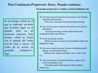 Es un tiempo verbal en el
que se expresan acciones
que tuvieron lugar en el
pasado, pero en un
momento concreto. Este
tiempo verbal se forma
con el pasado del verbo
(to) be (was o were)+ el
verbo de la acción en
gerundio (infinitivo+-
ing).
Past Continuous/Progressive Tense- Pasado continuo:
El pasado progresivo se utiliza cuando hablamos de:
 