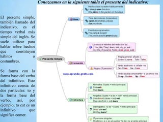 El presente simple,
también llamado del
indicativo, es el
tiempo verbal más
simple del inglés. Se
suele utilizar para
hablar sobre hechos
que constituyen
hábitos o
costumbres.
Se forma con la
forma base del verbo
del infinitivo. Este
infinitivo consta de
dos partículas: to y
la forma base del
verbo, así, por
ejemplo, to eat es un
infinitivo que
significa comer.
Conozcamos en la siguiente tabla el presente del indicativo:
 