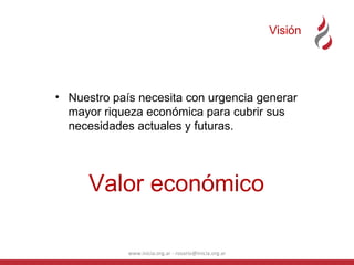 Visión Nuestro país necesita con urgencia generar mayor riqueza económica para cubrir sus necesidades actuales y futuras. Valor económico www.inicia.org.ar - rosario@inicia.org.ar 