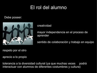 El rol del alumno creatividad  mayor independencia en el proceso de aprender sentido de colaboración y trabajo en equipo respeto por el otro aprecio a lo propio tolerancia a la diversidad cultural (ya que muchas veces podrá interactuar con alumnos de diferentes costumbres y cultura) Debe poseer: 