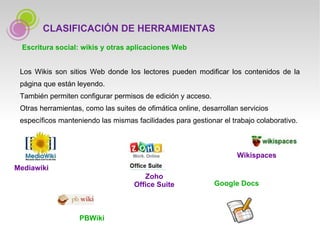 Escritura social: wikis y otras aplicaciones Web Los Wikis son sitios Web donde los lectores pueden modificar los contenidos de la página que están leyendo.  También permiten configurar permisos de edición y acceso.  Otras herramientas, como las suites de ofimática online, desarrollan servicios específicos manteniendo las mismas facilidades para gestionar el trabajo colaborativo. CLASIFICACIÓN DE HERRAMIENTAS Google Docs PBWiki Wikispaces Zoho Office Suite Mediawiki 