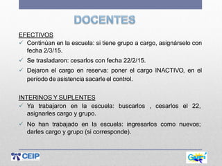 EFECTIVOS
 Continúan en la escuela: si tiene grupo a cargo, asignárselo con
fecha 2/3/15.
 Se trasladaron: cesarlos con fecha 22/2/15.
 Dejaron el cargo en reserva: poner el cargo INACTIVO, en el
período de asistencia sacarle el control.
INTERINOS Y SUPLENTES
 Ya trabajaron en la escuela: buscarlos , cesarlos el 22,
asignarles cargo y grupo.
 No han trabajado en la escuela: ingresarlos como nuevos;
darles cargo y grupo (si corresponde).
 