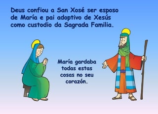 Deus confiou a San Xosé ser esposo 
de María e pai adoptivo de Xesús 
como custodio da Sagrada Familia. 
María gardaba 
todas estas 
cosas no seu 
corazón. 
 