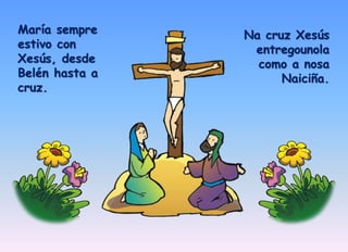 María sempre 
estivo con 
Xesús, desde 
Belén hasta a 
cruz. 
Na cruz Xesús 
entregounola 
como a nosa 
Naiciña. 
 