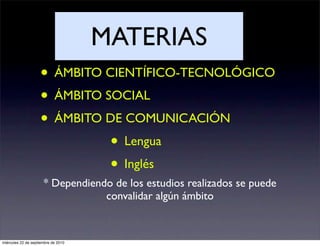 MATERIAS
                    • ÁMBITO CIENTÍFICO-TECNOLÓGICO
                    • ÁMBITO SOCIAL
                    • ÁMBITO DE COMUNICACIÓN
                              • Lengua
                              • Inglés
                      * Dependiendo de los estudios realizados se puede
                                  convalidar algún ámbito


miércoles 22 de septiembre de 2010
 