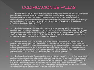  Falla Parcial: Es aquella falla que puede interpretarse de dos formas diferentes
pero no excluyentes. Puede decirse que una “Falla Parcial” es aquella que
disminuye la capacidad de producción de una maquina “pero no la detiene”,
también puede ser que no disminuya la capacidad de producción pero si disminuya
la confiabilidad. TODA “FALLA PARCIAL” SINO ES CORREGIDA A TIEMPO
CONDUCE A UNA “FALLA TOTAL”.
 Falla Intermitente: Es una falla parcial que se presenta bajo determinadas
condiciones de trabajo, sobre todo en sobrecarga. Estas fallas persisten durante el
tiempo que dure la situación irregular y desaparecen al desaparecer estas. TODA
“FALLA INTERMITENTE” PUEDE CONDUCIR A UNA “FALLA TOTAL” SI NO SE
CORRIGEN LAS CONDICIONES IRREGULARES.
 Falla Catastrófica: Es aquella que interrumpe totalmente la capacidad de
producción del equipo, pero su diferencia con la total es de que la “falla total” se
repara en un tiempo razonablemente normal y el dinero requerido está dentro de los
rangos presupuestarios de la empresa, en cambio la catastrófica puede tardarse
mayor tiempo en corregirla o el dinero necesario para ello está fuera del alcance
presupuestario en un corto o mediano plazo para la empresa.
 Falla de Apariencia: Son aquellas que no tienen relación con el funcionamiento
de los sistemas pero que si evalúan el aspecto exterior de los mismos, por ejemplo
la apariencia o presentación del sistema de correas distribuidora de equipajes de
los aeropuertos nacionales y en especial los internacionales, los cuales no es
suficiente que trabajen bien sino que deben además presentar un aspecto exterior
acorde con lo que se considera nuestra fachada principal.
 
