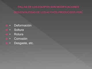  • Deformación
 • Soltura
 • Rotura
 • Corrosión
 • Desgaste, etc.
 