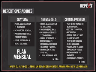 x
                                                                             depext
                                                                                      x
                                                                                      x
                                                                                 d
DEPEXT operadores
          gratuita                 CUENTA GOLD             CUENTA PREMIUM
      - PERFIL DESTACADO EN      - pERFIL DESTACADO EN      - pERFIL DESTACADO EN
        EL BUSCADOR.               EL BUSCADOR.               EL BUSCADOR.
      - dESCRIPCIÓN GENERAL.     - SECCIÓN ESPECíFICA.      - SECCIÓN ESPECíFICA.
                                 - pOSIBILIDAD DE LIKES     - micrositio.
      - pOSIBILIDAD DE LIKES
                                   Y COMENTARIOS.           - pOSIBILIDAD DE LIKES
        Y COMENTARIOS.
                                 - PERFIL INTEGRADO A         Y COMENTARIOS.
      - pERFIL INTEGRADO A        REDES SOCIALES.           - PERFIL INTEGRADO A
        REDES SOCIALES.          - posibilidad de subir      REDES SOCIALES.
                                   imágenes y videos.       - posibilidad de subir

       plan
                                 - PROMOCIÓN DE TUS           imagenes y videos.
                                   EVENTOS.                 - PROMOCIÓN DE TUS

      mensual                    - 1 PUBLINOTA POR MES.
                                                 $ 199.-
                                                              EVENTOS.
                                                            - 1 PUBLINOTA POR MES.
                                                                            $ 299.-
   Hasta el 15/08/2012 tenes un 50% de descuento el primer año, no te lo pierdas!!!
 