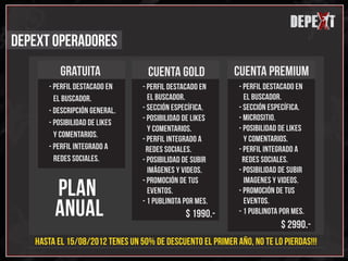 x
                                                                             depext
                                                                                     x
                                                                                     x
                                                                                 d
DEPEXT operadores
          gratuita                 CUENTA GOLD             CUENTA PREMIUM
      - PERFIL DESTACADO EN      - pERFIL DESTACADO EN      - pERFIL DESTACADO EN
        EL BUSCADOR.               EL BUSCADOR.               EL BUSCADOR.
      - dESCRIPCIÓN GENERAL.     - SECCIÓN ESPECíFICA.      - SECCIÓN ESPECíFICA.
                                 - pOSIBILIDAD DE LIKES     - micrositio.
      - pOSIBILIDAD DE LIKES
                                   Y COMENTARIOS.           - pOSIBILIDAD DE LIKES
        Y COMENTARIOS.
                                 - PERFIL INTEGRADO A         Y COMENTARIOS.
      - pERFIL INTEGRADO A        REDES SOCIALES.           - PERFIL INTEGRADO A
        REDES SOCIALES.          - posibilidad de subir      REDES SOCIALES.
                                   imágenes y videos.       - posibilidad de subir

        plan
                                 - PROMOCIÓN DE TUS           imagenes y videos.
                                   EVENTOS.                 - PROMOCIÓN DE TUS

        anual
                                 - 1 PUBLINOTA POR MES.       EVENTOS.
                                               $ 1990.-     - 1 PUBLINOTA POR MES.
                                                                          $ 2990.-
   Hasta el 15/08/2012 tenes un 50% de descuento el primer año, no te lo pierdas!!!
 
