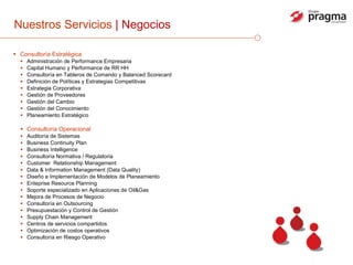 Nuestros Servicios  | Negocios  Consultoría Estratégica Administración de Performance Empresaria Capital Humano y Performance de RR HH Consultoría en Tableros de Comando y Balanced Scorecard Definición de Políticas y Estrategias Competitivas Estrategia Corporativa Gestión de Proveedores Gestión del Cambio Gestión del Conocimiento Planeamiento Estratégico Consultoría Operacional Auditoría de Sistemas Business Continuity Plan Business Intelligence Consultoría Normativa / Regulatoria Customer  Relationship Management Data & Information Management (Data Quality) Diseño e Implementación de Modelos de Planeamiento Enteprise Resource Planning Soporte especializado en Aplicaciones de Oil&Gas Mejora de Procesos de Negocio Consultoría en Outsourcing  Presupuestación y Control de Gestión Supply Chain Management Centros de servicios compartidos Optimización de costos operativos Consultoría en Riesgo Operativo 