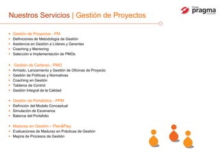 Nuestros Servicios  | Gestión de Proyectos Gestión de Proyectos - PM Definiciones de Metodología de Gestión Asistencia en Gestión a Líderes y Gerentes Coaching y Mentoring Selección e Implementación de PMOs Gestión de Carteras - PMO Armado, Lanzamiento y Gestión de Oficinas de Proyecto Gestión de Políticas y Normativas Coaching en Gestión Tableros de Control  Gestión Integral de la Calidad Gestión de Portafolios - PPM Definición del Modelo Conceptual Simulación de Escenarios Balance del Portafolio Madurez en Gestión – Plan&Play Evaluaciones de Madurez en Prácticas de Gestión Mejora de Procesos de Gestión 