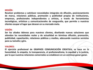 MISIÓN:
Resolver problemas y satisfacer necesidades integrales de difusión, posicionamiento
de marca, relaciones públicas, promoción y publicidad propias de instituciones,
empresas, profesionales independientes y artistas, a través de herramientas
tecnológicas, artísticas y comunicacionales de vanguardia, que permite a nuestros
clientes ocupar el lugar que desean en su mercado meta.
VISIÓN:
Ser los aliados idóneos para nuestros clientes, diseñando nuevas soluciones que
atiendan las necesidades reales y de actualidad en términos difusión, promoción,
publicidad, capacitación, relaciones públicas y medios, adecuando nuestros servicios
para su tamaño y giro.
VALORES:
El ejercicio profesional de GRAPHOS COMUNICACIÓN CREATIVA, se basa en la
honestidad, la empatía, la transparencia, el profesionalismo, la equidad y la justicia,
por lo que nuestras relaciones comerciales se establecen en un continuo ganar-ganar.

 