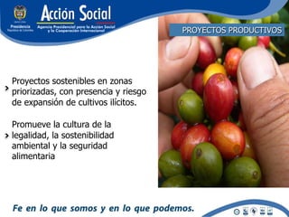 PROYECTOS PRODUCTIVOS




Proyectos sostenibles en zonas
priorizadas, con presencia y riesgo
de expansión de cultivos ilícitos.

Promueve la cultura de la
legalidad, la sostenibilidad
ambiental y la seguridad
alimentaria
 