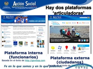 Plataforma interna
    (funcionarios)                          Plataforma externa
Basada en el éxito de http://govloop.com
                                               (ciudadanos)
                                           Basada en el éxito de IBM Smarter Planet
 