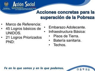 •  Marco de Referencia:
•  45 Logros básicos de •  Embarazo Adolecente.
   UNIDOS.               •  Infraestructura Básica:
•  21 Logros Priorizados    •  Pisos de Tierra.
   PND:                     •  Batería sanitaria.
                            •  Techos.
 