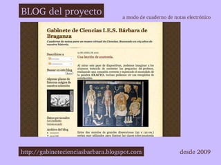 BLOG del proyecto                   a modo de cuaderno de notas electrónico




http://gabinetecienciasbarbara.blogspot.com                  desde 2009
 