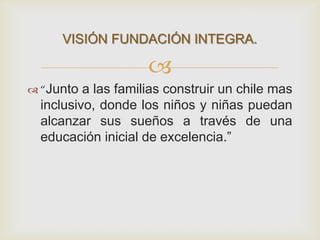 
“Junto a las familias construir un chile mas
inclusivo, donde los niños y niñas puedan
alcanzar sus sueños a través de una
educación inicial de excelencia.”
VISIÓN FUNDACIÓN INTEGRA.